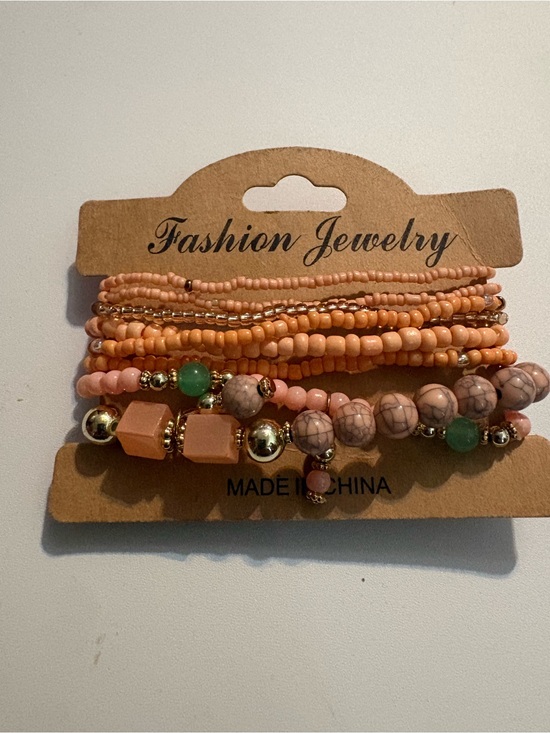 Fashion Jewelry Jewelry - Fashion Jewelry Peach and Coral Layered Bead Bracelet Set with Green Accents